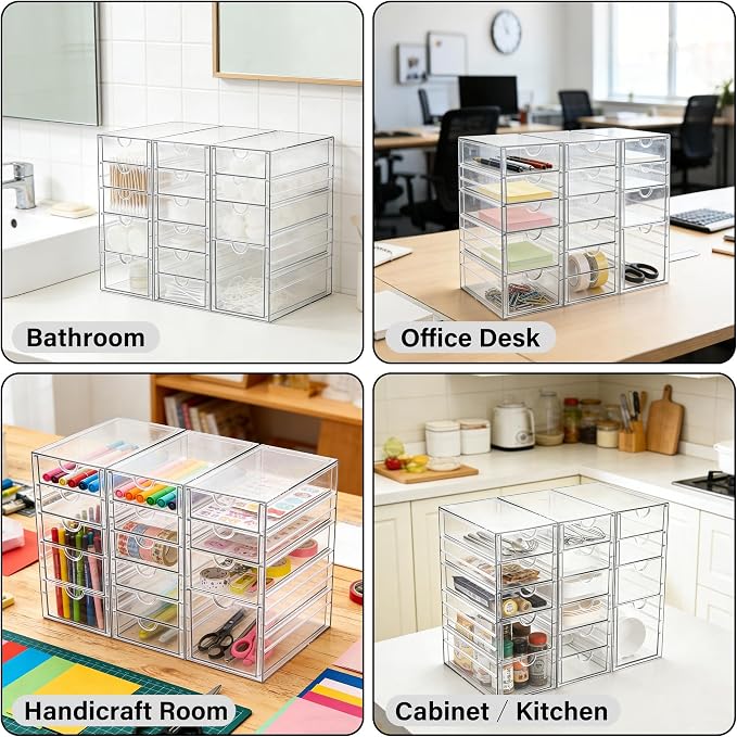 Prsildan 15 Drawers Teacher Toolbox Acrylic Containers, Set of 3 | Clear, Pens Markers Stickers Hardware Storage, Office Desk Kitchen Cabinet Garage Organizer