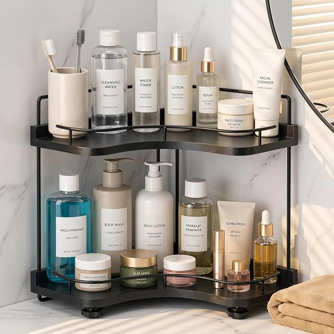 2-Tier Bathroom Counter Organizer, Solid Wood Corner Shelf for Vanity Countertop, Skincare & Makeup Storage Organizer with Metal Frame, Kitchen Counter Storage, Black