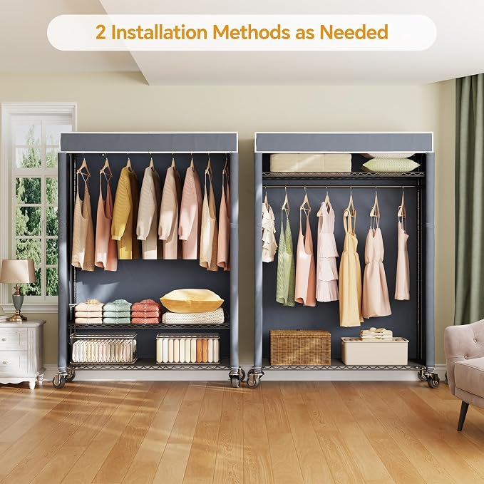 Higeego H4 Plus Rolling Clothes Rack with Cover, Black with Grey Cover | Heavy Duty Clothing Rack with Wheels, Portable Closet for Hanging Clothes, Wardrobe Closets Rack with Grey Oxford Cover