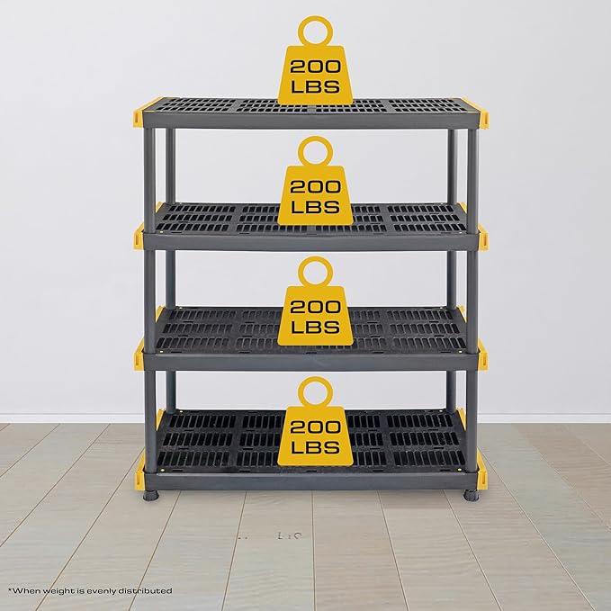 CX Heavy Duty 4-Tier Garage Storage Shelves + 8-pack 27-Gallon Bins & Lids | Garage organizing system with 4-tier shelf + 8 plastic 27-gal totes, 200 lbs/shelf, 50.1H x 48W x 20D, Black & Yellow