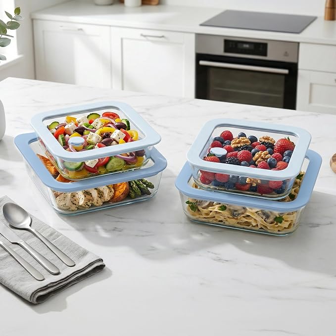 Glass Food Container Set with Silicone Glass Lid, Square Shape, 4 Pack, Airtight, LeakProof, 100% Plastic Free, Meal Prep Food Storage Containers, Blue Color
