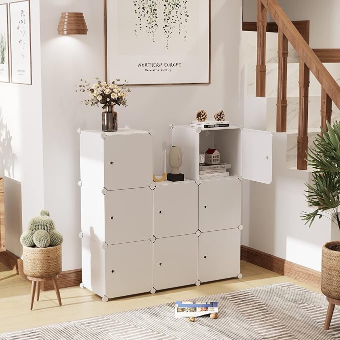 C&AHOME 9-Cube Storage Organizer with Door Cube Shelf Closet Cabinet Milky | DIY Plastic Modular Bookshelf, Stackable Clothes Storage Shelving Ideal for Home, Bedroom, 36.6”L x 12.4”W x 36.6”H