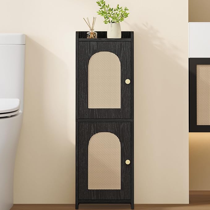 Hzuaneri Bathroom Storage Cabinet, Small Corner Floor Cabinet with 2 Doors | Narrow Toilet Paper Cabinets with Adjustable Shelf, Bathroom Organizer for Small Spaces, 7.9"D x 9.8"W x 29.5"H Rattan Black