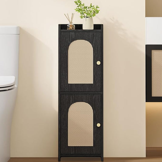 Hzuaneri Bathroom Storage Cabinet, Small Corner Floor Cabinet with 2 Doors | Narrow Toilet Paper Cabinets with Adjustable Shelf, Bathroom Organizer for Small Spaces, 7.9"D x 9.8"W x 29.5"H Rattan Black