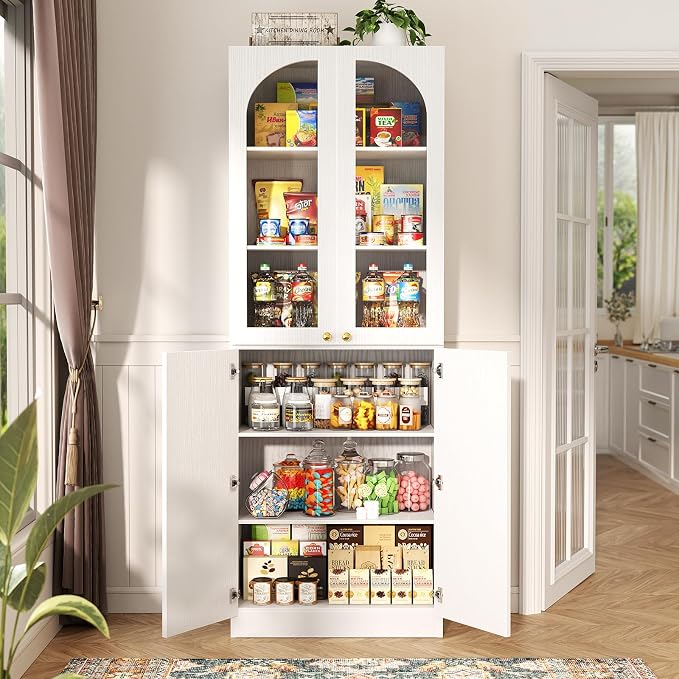 Cyclysio 80" Kitchen Pantry, Tall Arch Storage Cabinet with Tempered Glass & Soft Close Doors, Freestanding Wood Floor Cupboard Bookcase with Seamless Fit Wall for Dining Living Room, Bathroom (White)
