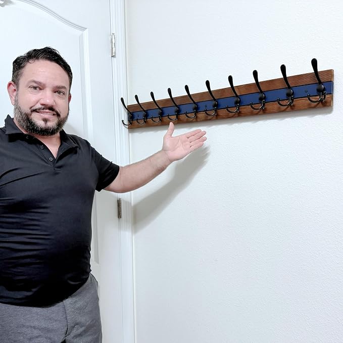 SKOLOO Rustic Coat Rack Wall Mount- 38-1/8" Long Coat Hooks for Wall with 10 Triple Hooks for Hanging Coats, Hats or Tools, Western National Parks Collection, Wood Brown & Blue, Pack of 2