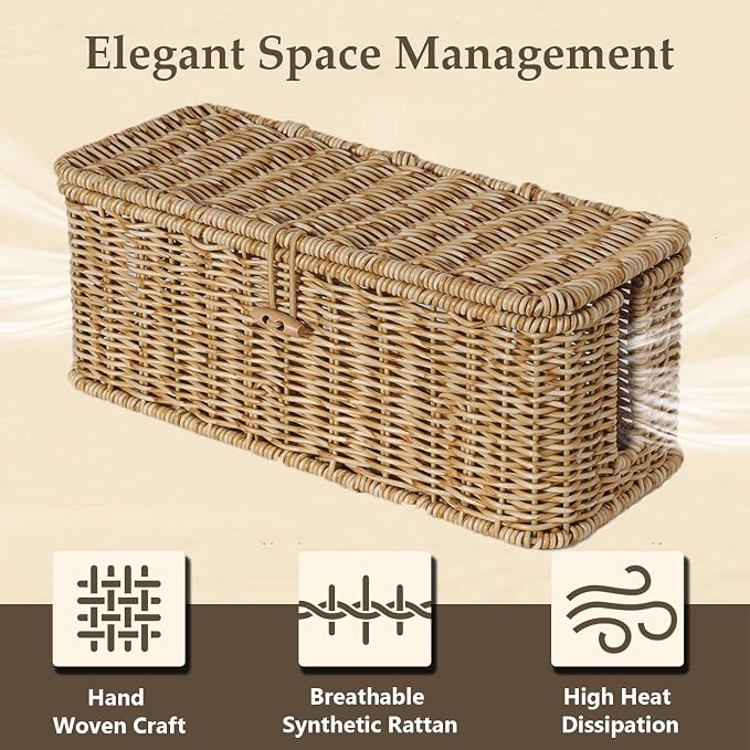 BROWNLILY Cable Management Box, Rattan Style Cord Organizer for Desk Cord Hider Outlet Covers for Power Strip TV PC Router Charger Under Desk Storage with Lockable Lid and Cable Ties