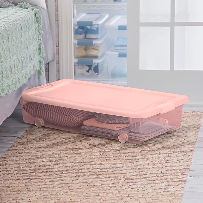 Sterilite 12 Pack Wheeled Under Bed Storage Container, 56 Qt Plastic Bin w/Latching Lid for Organization - Clothes & Shoes Organizer, Pearl Blush Tint