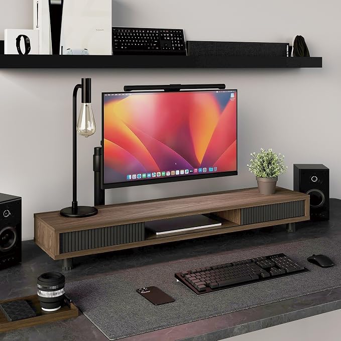 Fenge Dual Monitor Stand with Storage, Desk Shelf with Glass Sliding Door | Ergonomic Height Adjustment, 42.5in Monitor Shelf, 2-Tier Monitor Riser, Desk Organizer for Screen, PC, Laptop, Brown