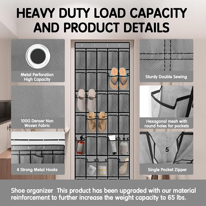 Kotkn 35 Compartment Over The Door Storage - Breathable Mesh Hanging Organizer with Large Pockets, Space Saving Design for Men & Women's Footwear, Closet, Bedroom (Gray)