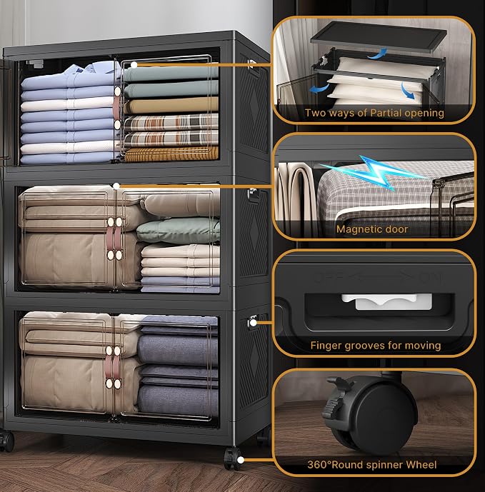 Stackable Storage Bins with Lids, 360QT Closet Organizers and Storage Cabinet with Doors & Wheels, Lockable Plastic Foldable Drawers for Bedroom Dorm Office Garage（120QT*3,Black）