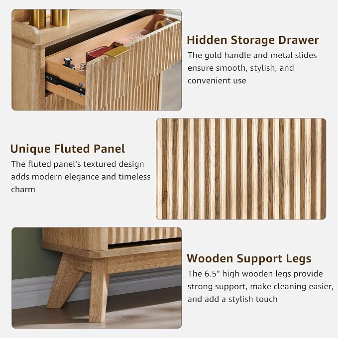 T4TREAM 48" Fluted Shoe Cabinet with Flip Drawers & Top Drawer, Natural Oak | Narrow Shoe Organizer, Curved Profile Design, Wooden Shoe Rack for Entryway, Hallway
