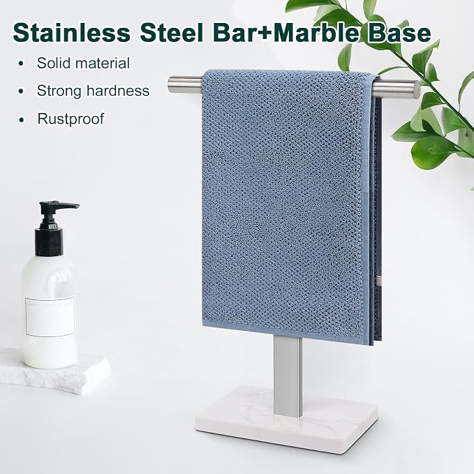 Hand Towel Holder, T-Shape Hand Towel Stand for Bathroom, Hand Towel Rack Bar Standing for Vanity Kitchen Countertop, 304 Stainless Steel (Marble Base, Brushed)