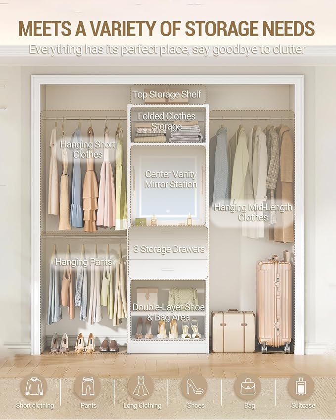 Hzuaneri Closet System Closet Organizer and Storage with 3-Color LED Mirror | 4-9.8FT Walk-in Closet System Wooden Storage Systems with 3 Drawers, LED Mirror, 4 Hang Rods & 2 SHELF, White BW00103EUS