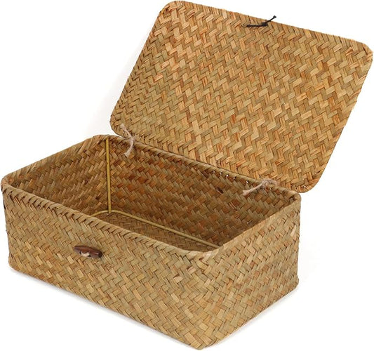 FEIALNDUO Wicker Shelf Baskets with Lid,Seagrass Storage Basket Bins Rectangular Handwoven Basket Boxes for Shelves Desktop Home Organizer (Natural, Small)