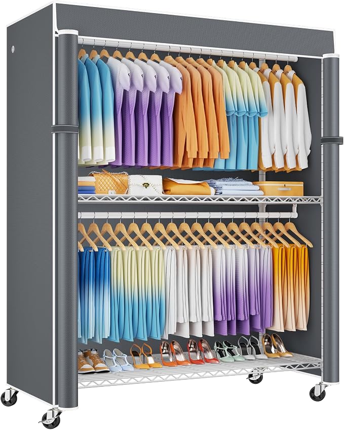 ULIFHOME P8C Max Heavy Duty Clothes Rack（With Extended Width Design） Rolling Clothing Racks for Hanging Clothes with Lockable Wheels，51.2" W x 15.8" D x 80.5" H，Load 800LBS，White Rack with Grey Cover