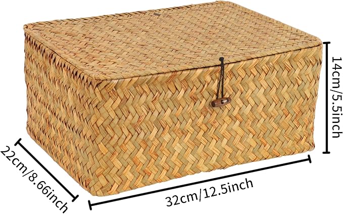 FEIALNDUO Wicker Shelf Baskets with Lid,Seagrass Storage Basket Bins Rectangular Handwoven Basket Boxes for Shelves Desktop Home Organizer (Natural, Large)