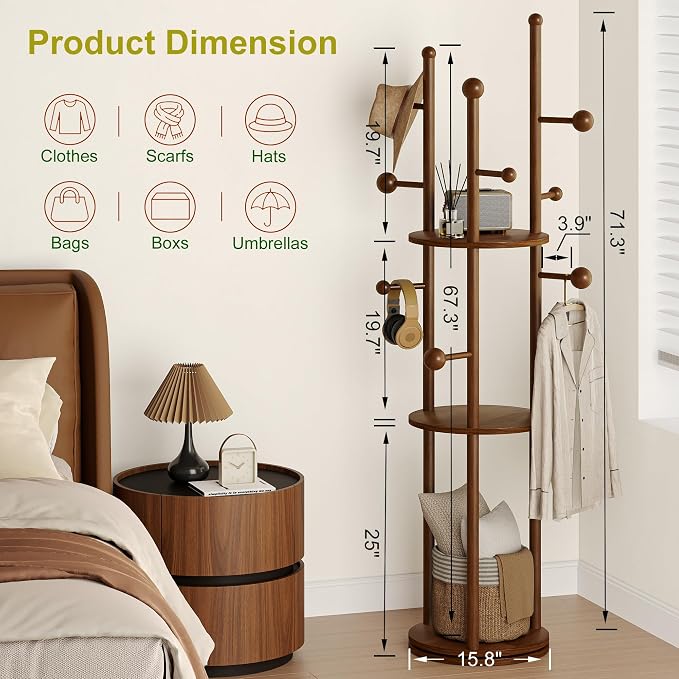 FROMJBEST Coat Rack Freestanding, Coat Tree Entryway, Mid-Century, Walnut | Freestanding, Solid Wood, 9 Hooks & 3 Shelves, for Entryway, Hallway, Bedroom, Living Room, Office, Holds Bags, Hats, Purses