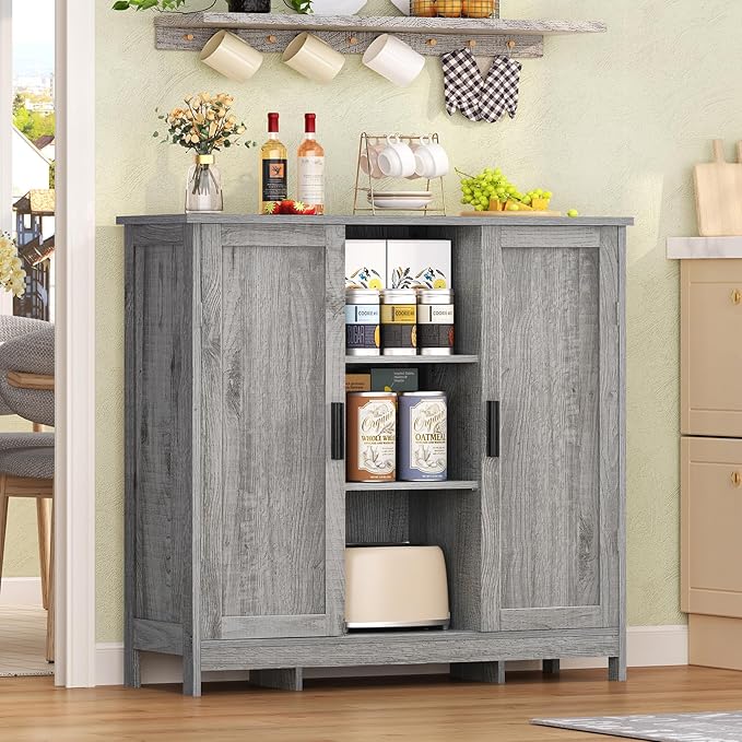 Iwell Storage Cabinet with 2 Doors and 4 Adjustable Shelves, Buffet Cabinet with Storage, Floor Cabinet for Living Room, Entryway, Kitchen, Rustic Gray