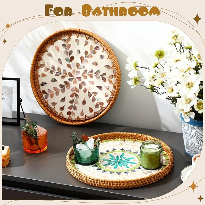 3 Pcs Round Rattan Tray with Mother of Pearl Inlay Wicker Serving Tray with Wooden Base Boho Decorative Wicker Basket for Table Decor Bathroom Candle Perfume(Vintage Style)