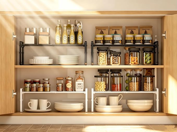 Expandable Cabinet Shelf Organizer Riser for Kitchen Pantry Cupboard Under Sink Countertop,Kitchen Cabinet Shelf (White) | Expandable