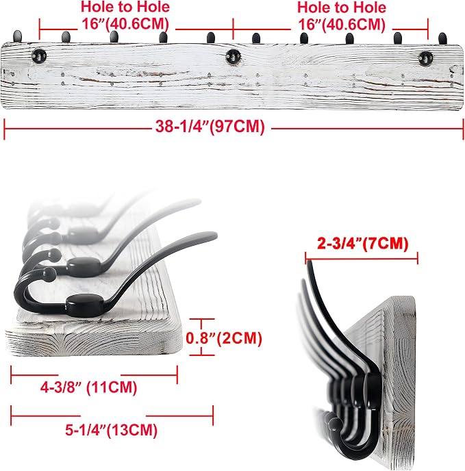 Coat Rack Wall - Heavy-Duty 38-1/4" Long, with Reinforced 10 Custom Tri-Hooks, Solid Wood Wall Hanger for Coats Hat Jackets - Rustic Farmhouse Entryway Storage, White & Black, Pack of 2