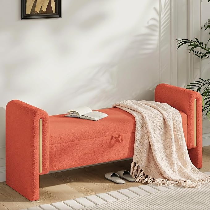 Storage Ottoman Bench, End of Bed Bench with Pull-Ring | 52" Teddy Upholstered, Window Bench with Armrest, Generous Storage, Safety Hinge, Holds 250 LBS, for Bedroom, Orange