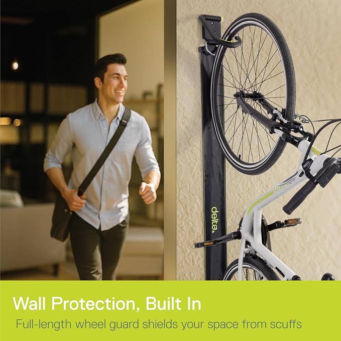 Delta Wall Ride Bike Rack Wall Mount with Tire Wall Guard (4-Pack) Cycle – Vertical Bike Mount Holds Up to 100 lbs – Fully Adjustable Vertical Hook Design Provides Easy Bicycle Storage