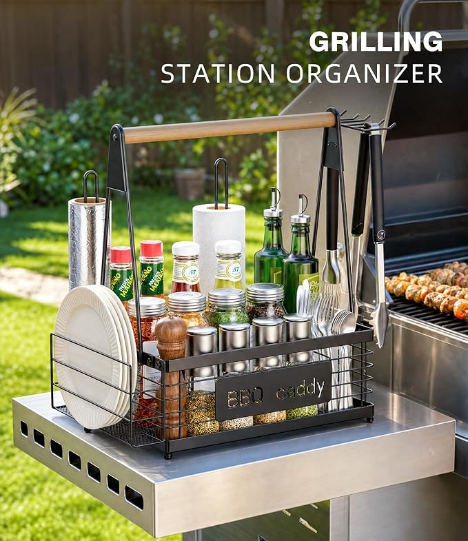 Grill Caddy BBQ Organizer for Grilling Tools & Supplies | paper towel & foil holder, fits 8" plates, removable wood handle, for camping, patio, Kitchen, Picnic, RV
