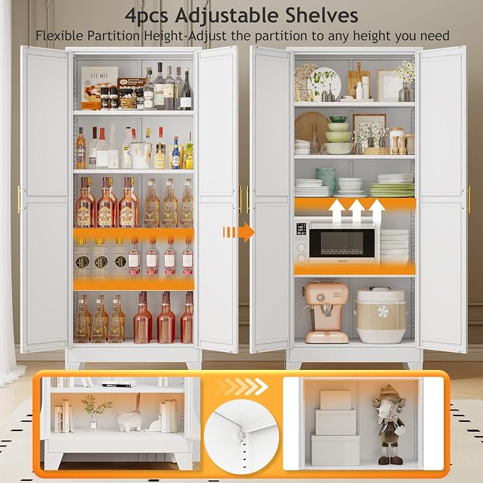 PAOFIN 71" Tall Metal Pantry Storage Cabinet with Doors and 4 Adjustable Shelves, White Kitchen Food Pantry Cabinets, Tall Freestanding Cupboard for Kitchen, Dining Room or Living Room