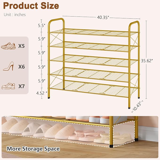 Hoctieon 5 Tier Shoe Rack for Closet, Durable Mesh Style Shoe Rack, Entryway Shoe Shelf, Shoe Storage Organizer for Hallway, Bedroom, Living Room, Wardrobe, Gold