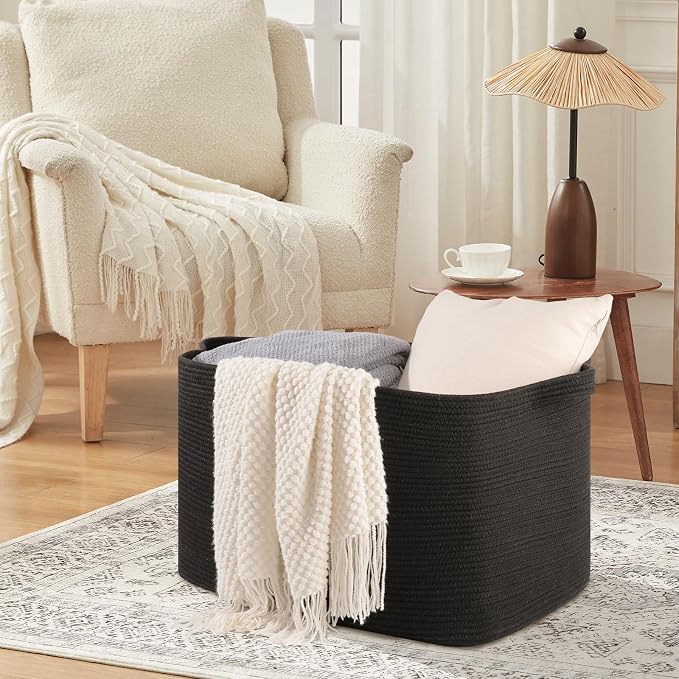 OIASKET 118L Extra Large Blanket Basket, 24.8" x 17.7" x 17.2" Woven Storage Basket for Living Room, Rectangle Nursery Blanket Storage for Toys, Towels, Dirty Clothes (Black)