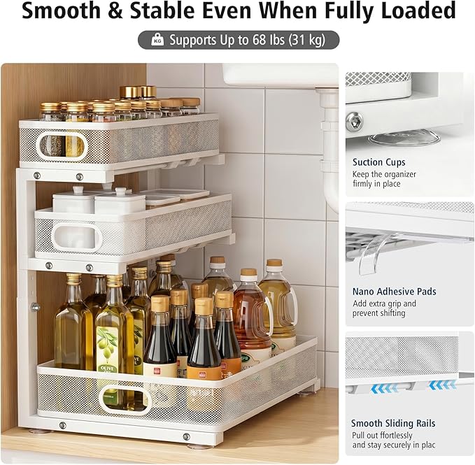 Under Sink Organizer, 3 Tier Pull Out Cabinet Organizer with 5 Adjustable Heights, Metal Under Sink Storage with Sliding Drawers for Kitchen, Bathroom, Pantry and Laundry Room, 2-Pack White