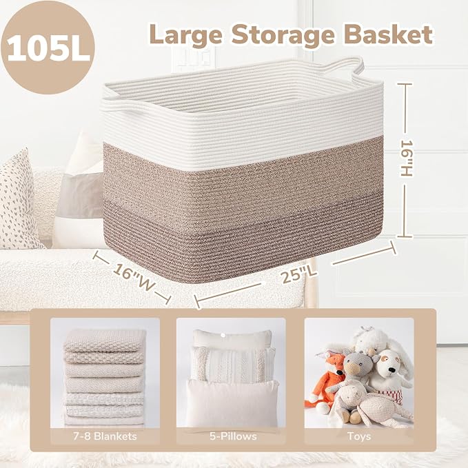 Goodpick 105L Extra Large Woven Blanket Basket, Cotton Rope, Light Brown | 25 x 16 x 16 in, Rectangle, Living Room, Bedroom & Nursery Organization, Blankets, Pillows, Toys & Clothes Storage