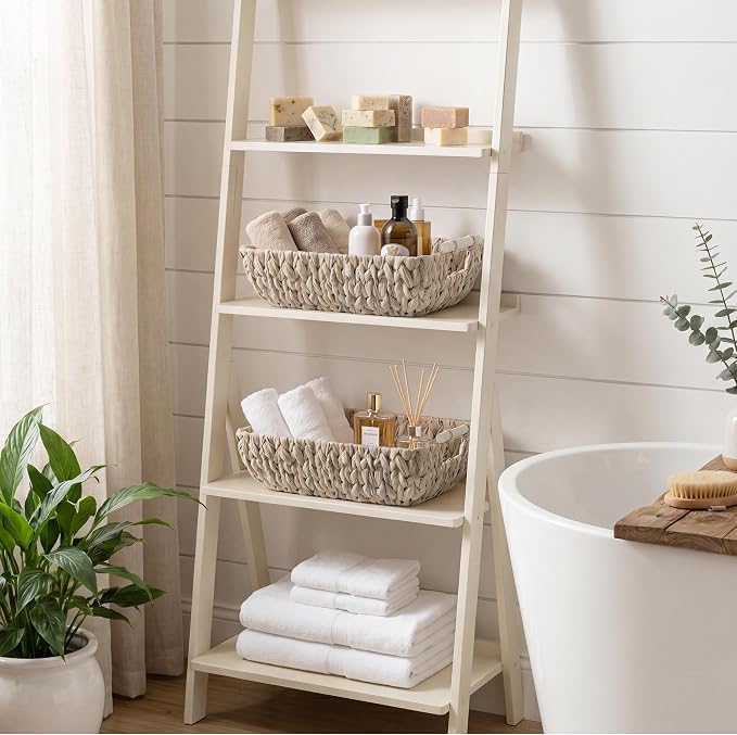 Storageworks Wicker Baskets for Shelves, Set of 2 Water Hyacinth Basket Organizer, Large Wicker Baskets for Storage, Decorative Storage Basket with Wooden Handles for Gifts, White