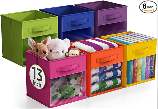 Sorbus 13 Inch Storage Bins with Clear Window - 6 Foldable Baskets for Organizing Clothes, Toys, Books - Sturdy Collapsible Fabric Storage Cubes with Handle - Storage Baskets for Shelves, Closets