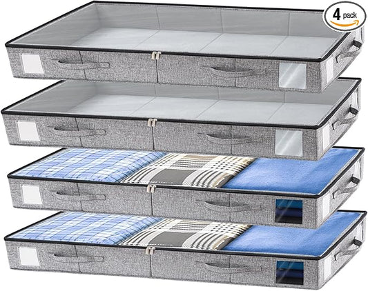combocube 4 Pack Under Bed Storage Containers, 4.5" Low Profile Underbed Storage Bins with Sturdy Support, Stackable Space Saving Organizer with 4 Handles & Label Windows for Shoes Clothes Blankets