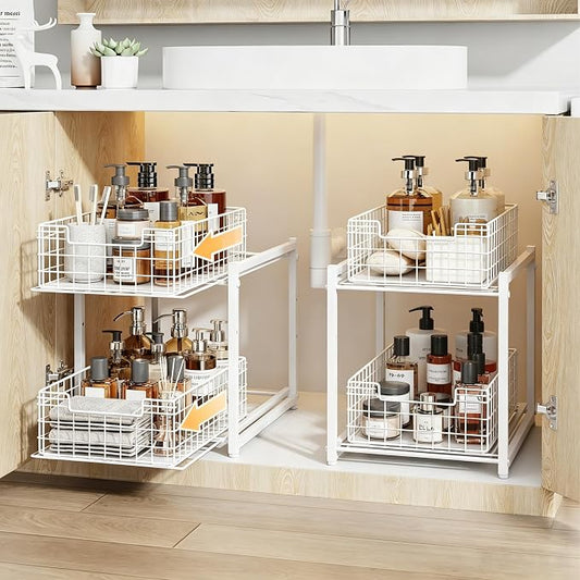 Under Sink Organizer, 2-Tier Pull Out Cabinet Organizer, Kitchen Bathroom Organizer and Storage, Spice Rack for Kitchen, Multi-use Sliding Drawers Shelves (1, white)