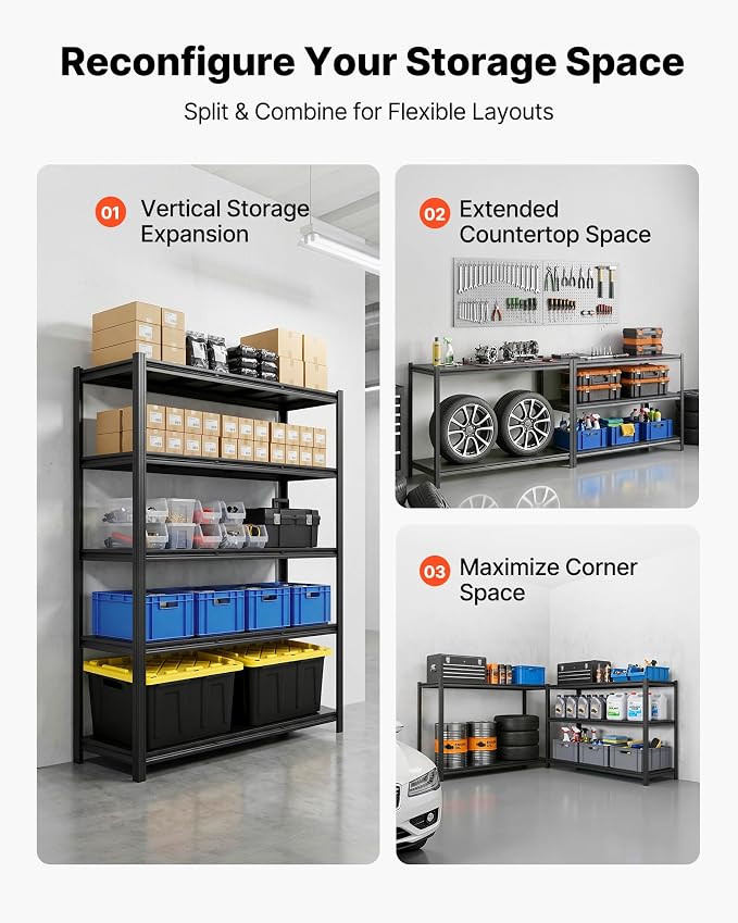 VEVOR Garage Shelving, 5-Tier Adjustable Storage Shelves, 3000 lbs Heavy Duty Garage Shelves, Metal Utility Rack Shelf for Garage Workshop Warehouse Basement, 48.43" W x 20.55" D x 71.38" H
