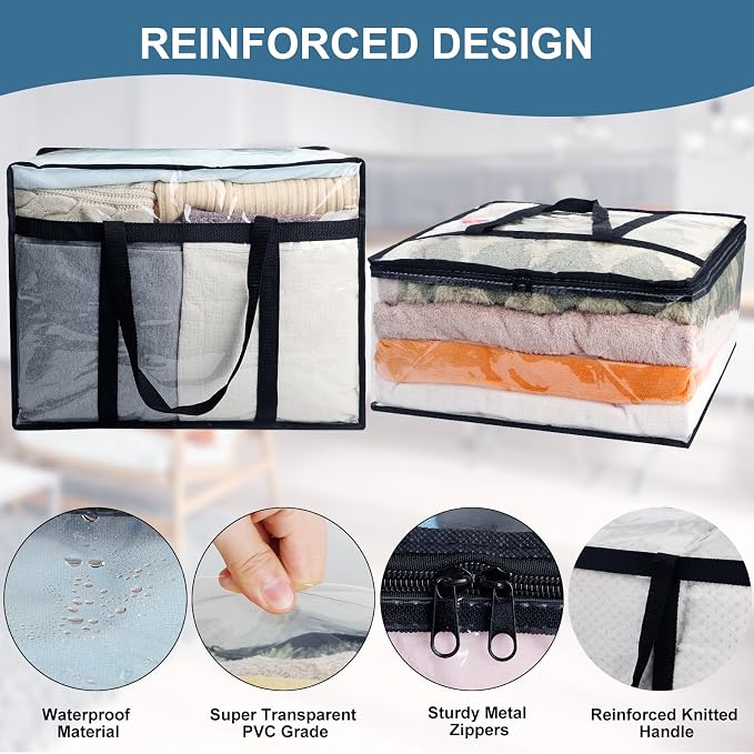 4Pack Clear Blanket Storage Bags, Vinyl Comforter Clothes Storage Closet Organizers and Storage Containers Moving Bags with Reinforced Handle for Bedding, Clothing, Comforters, Pillows, Toys,60L