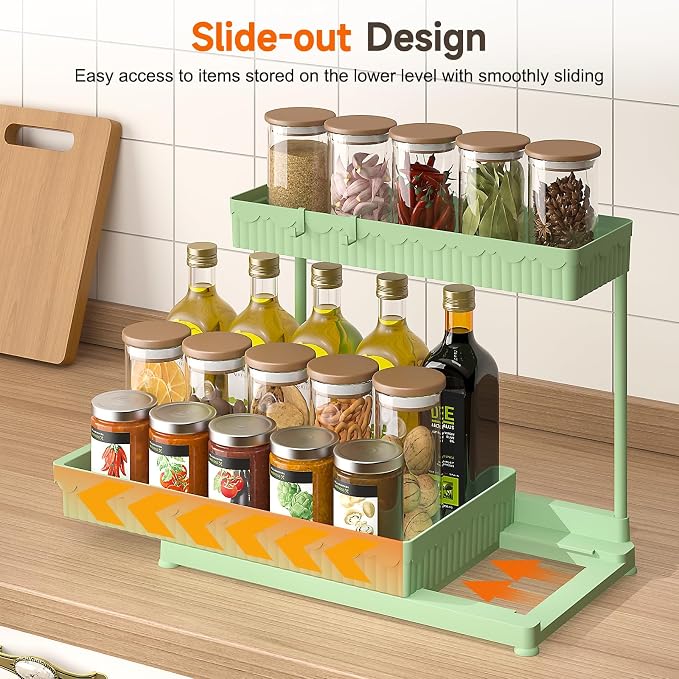 Sevenblue 3-Pack 2-Tier L-Shaped Under Sink Organizers with Sliding Drawers | Multi-use kitchen & bathroom storage, 14.85 inch green cabinet organizer, space-saving sliding drawer design.