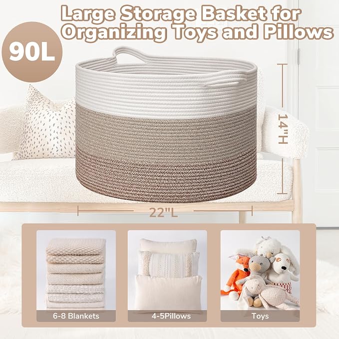 Goodpick Large Woven Basket for Blankets, Nursery & Living Room Decor, 85L | 21.7 x 21.7 x 13.8 In Baby Toy Storage Basket for Nursery, Blanket Basket for Living Room, Toy Bin, Light & Brown