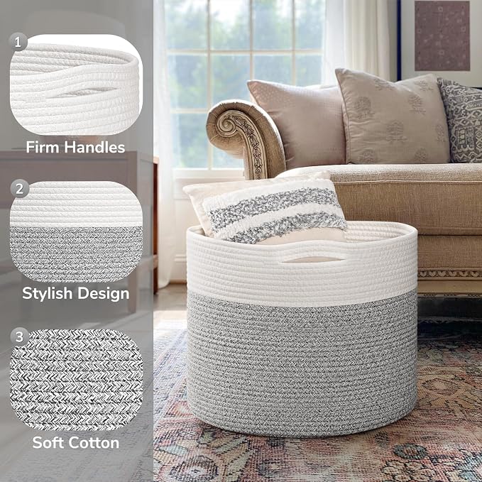 Goodpick Woven Blanket Basket Living Room, Toy Bin for Playroom, 45L | 15.8 x 15.8 x 13.8 In Toy Storage Basket for Nursery, Blanket Basket for Living room, Laundry Basket, Light & Grey