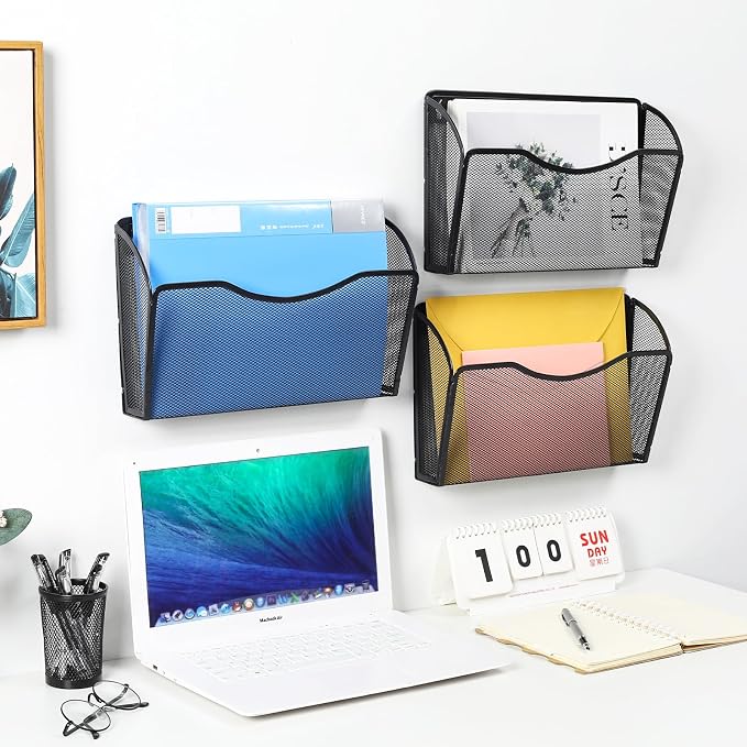 6 Pockets Wall File Organizer Metal Mesh Hanging Document Paper Holder Wall Mount Magazine Rack for Business Home Office Classroom, Black