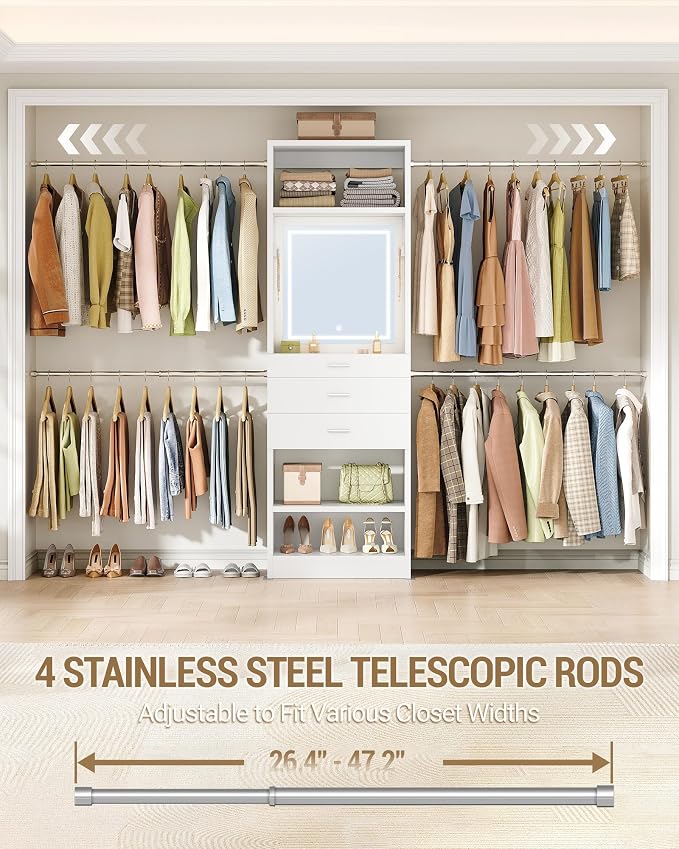 Hzuaneri Closet System Closet Organizer and Storage with 3-Color LED Mirror | 4-9.8FT Walk-in Closet System Wooden Storage Systems with 3 Drawers, LED Mirror, 4 Hang Rods & 2 SHELF, White BW00103EUS