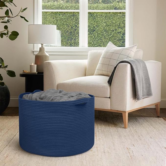 115L Dark Blue Basket for Organizing, 23.6" x 15.7" XXXL Woven Cotton Rope Laundry Basket, Oversized Blanket Storage for Living Room Bedroom, Kids Toy Box Organizer, Pool Towel Storage Bin