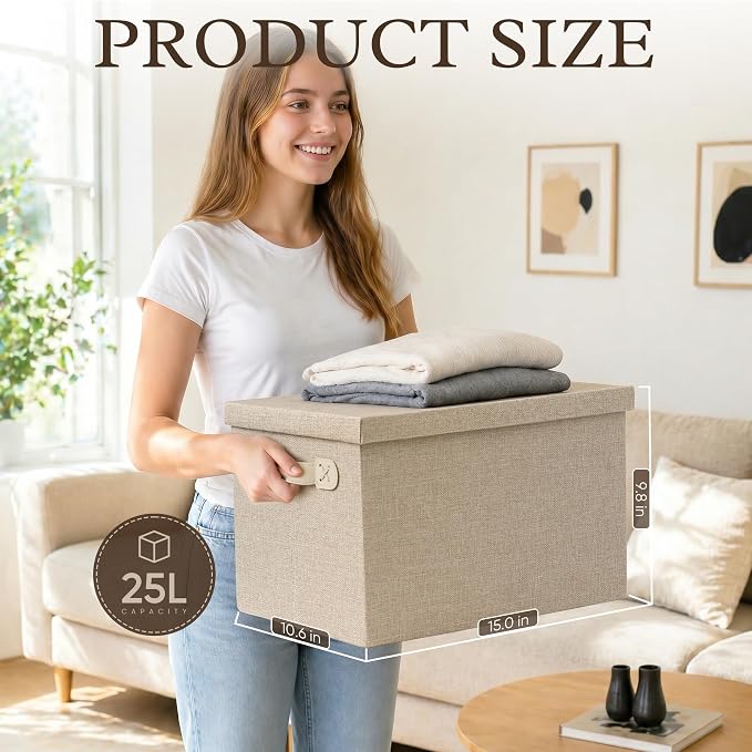Fabric Storage Bins with Lids, Heavy Duty Collapsible Organizer Bins for Shelves, Stackable Closet Woven Baskets with Handles, 25L Rectangle Boxes for Bedroom Office, Cube Home Decor (Beige 2 Pack)
