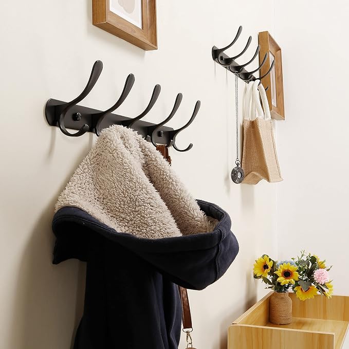 SKOLOO Coat Rack Wall Mount - Modern, Metal Wall Coat Rack with 5 Hooks, Pack of 2, Sturdy Wall Mounted Coat Hooks for Hanging Coat, Jacket, Clothes, Hat, Matte Black