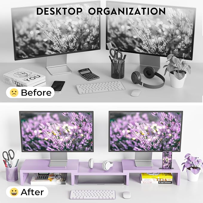 BONTEC Dual Monitor Stand Riser, Adjustable Length & Swivel Angle, Purple | Ergonomic Wooden Desktop Organizer with Smartphone Holder, Computer Monitor Stand for PC, Laptop, Printer and Large Storage