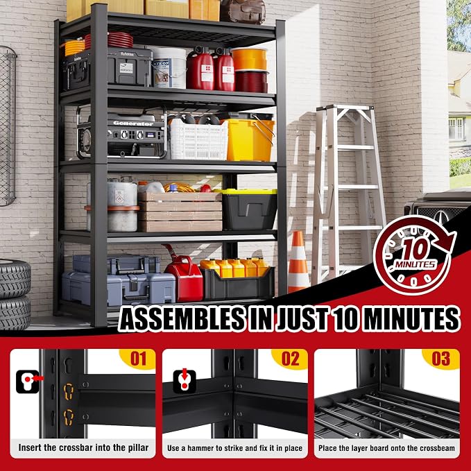 Set of 2 71"H Garage Shelving-3000LBS 5 Tier Storage Shelves,Adjustable Heavy Duty Metal Shelving Unit and Storage Large Wire Rack,Utility Steel Shelf For Shop Warehouse Industrial Pantry 71"x35"x16"